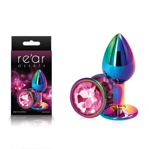Multi Coloured Metal Butt Plug with Pink Gem Base