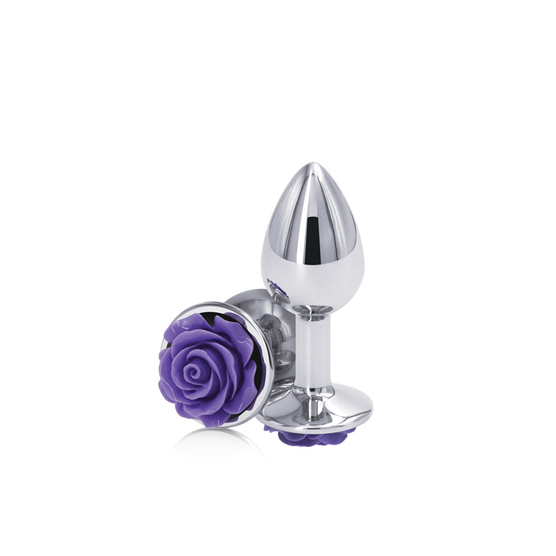 Chrome Metal Butt Plug with Purple Rose Base