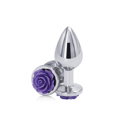 Chrome Metal Butt Plug with Purple Rose Base